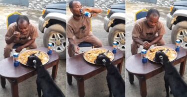 Man and his goat eat jollof rice from same plate